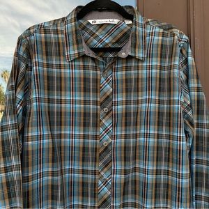 Travis Mathew Blue/Brown/Orange Plaid Long Sleeve Snapped Shirt L